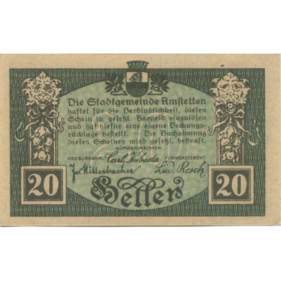 Geldschein, Österreich, Amstetten, 20 Heller, Eglise 1920 UNZ- Mehl:FS 37II