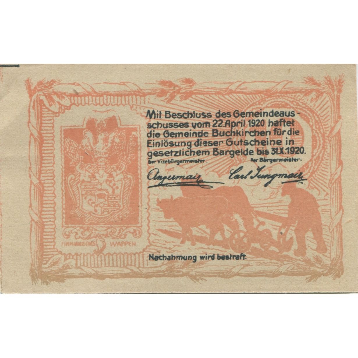 Banknote, Austria, Buchkirchen, 10 Heller, champs, 1920 UNC(63) Mehl:FS 114a