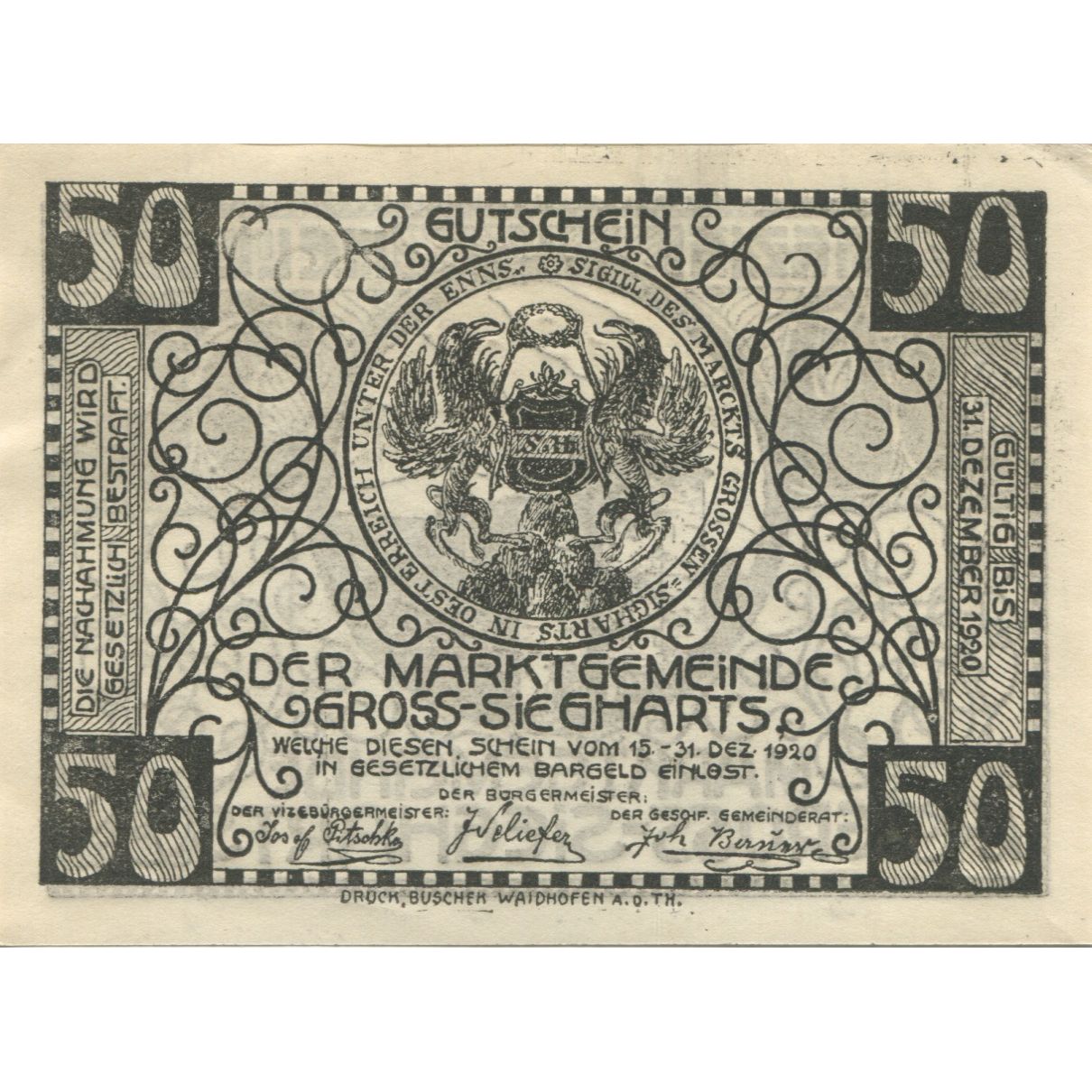 Banknote, Austria, Gross-Siegharts, 50 Heller, Blason, 1920 UNC(63) Mehl:FS 297b