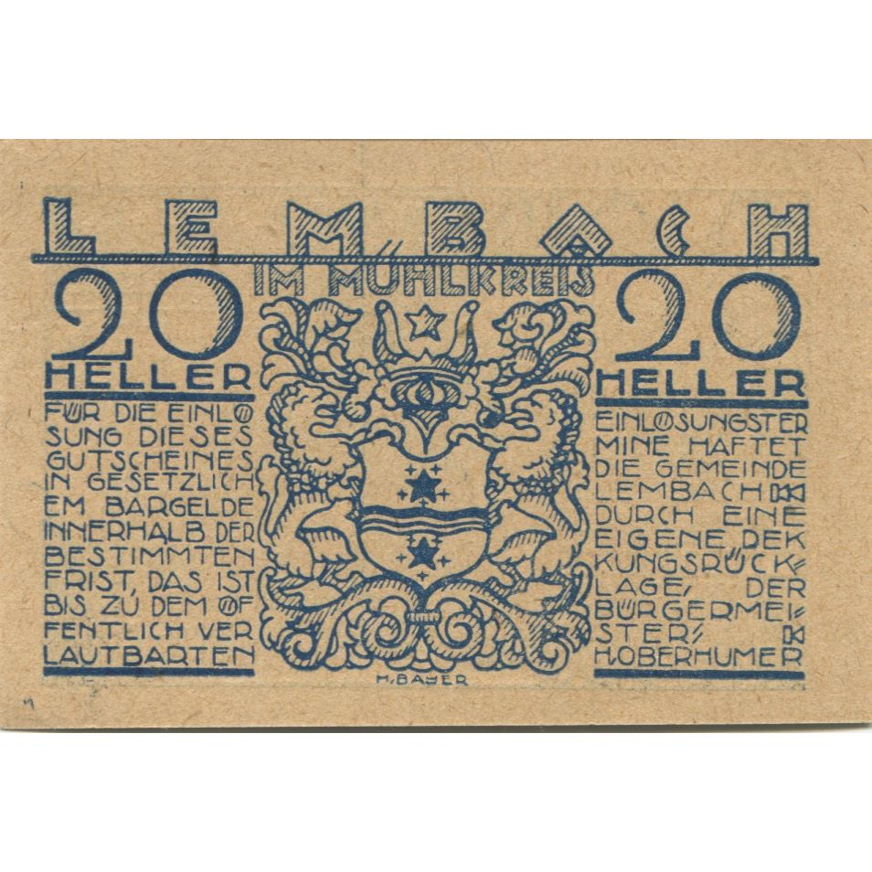 Banknote, Austria, Lembach, 20 Heller, Blason, 1920, UNC(63), Mehl:FS 510e