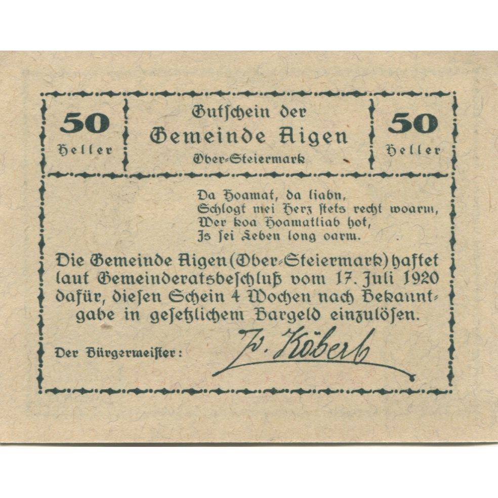 Banknote, Austria, Aigen, 50 Heller, montagne 1920-07-17, UNC(63) Mehl:FS 14a