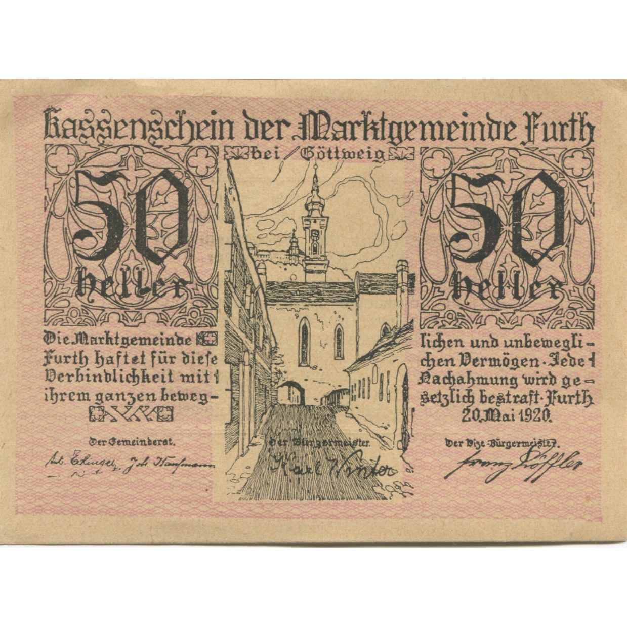 Banknote, Austria, Furth, 50 Heller, rue 1920-09-30, UNC(63), Mehl:FS 214c