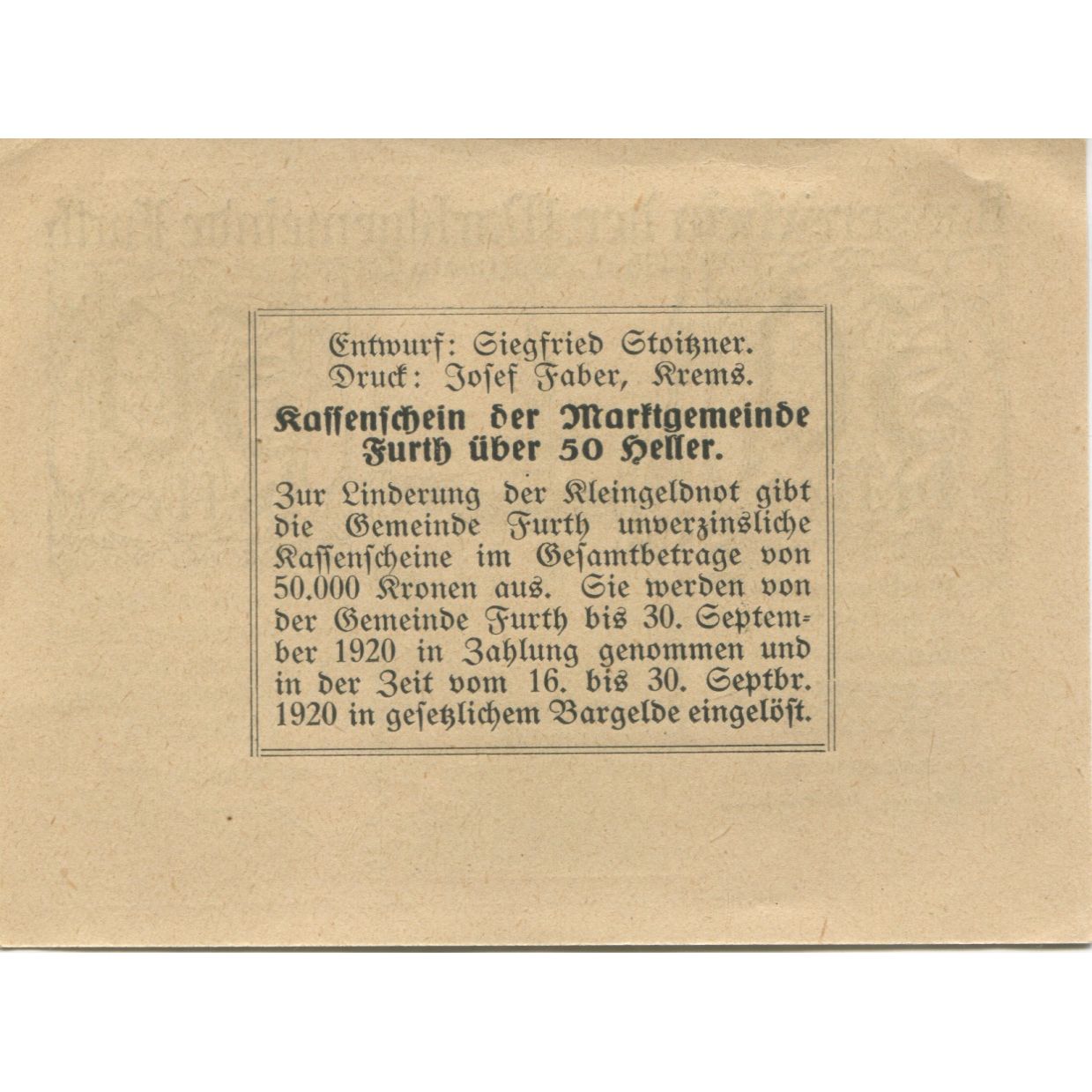 Banknote, Austria, Furth, 50 Heller, rue 1920-09-30, UNC(63), Mehl:FS 214c