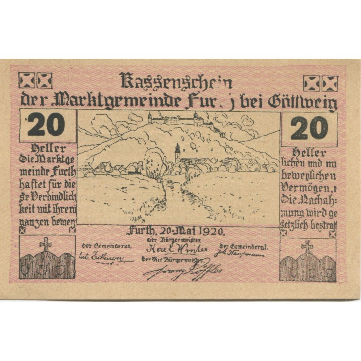 Banknote, Austria, Furth, 20 Heller, paysage, 1920, UNC(63), Mehl:FS 214c