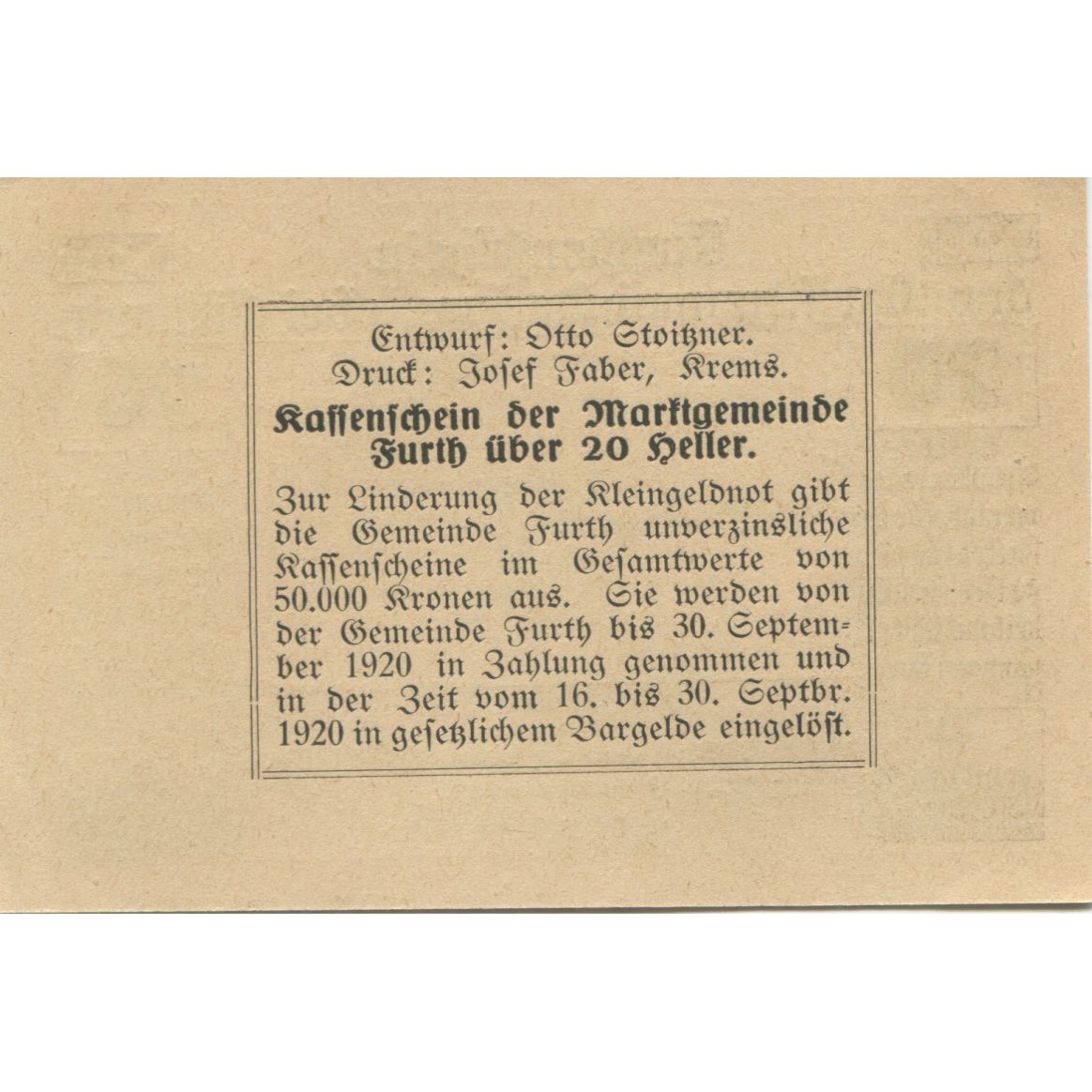 Banknote, Austria, Furth, 20 Heller, paysage, 1920, UNC(63), Mehl:FS 214c