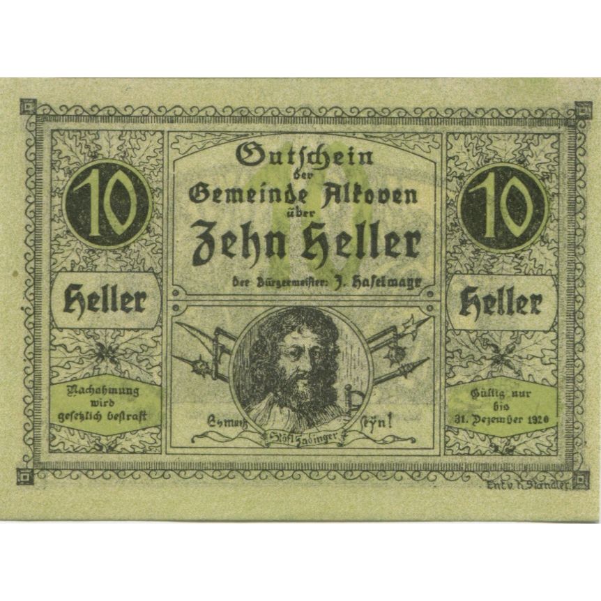 Banknote, Austria, Alkoven, 10 Heller, portrait, 1920 UNC(63) Mehl:FS 18IIc