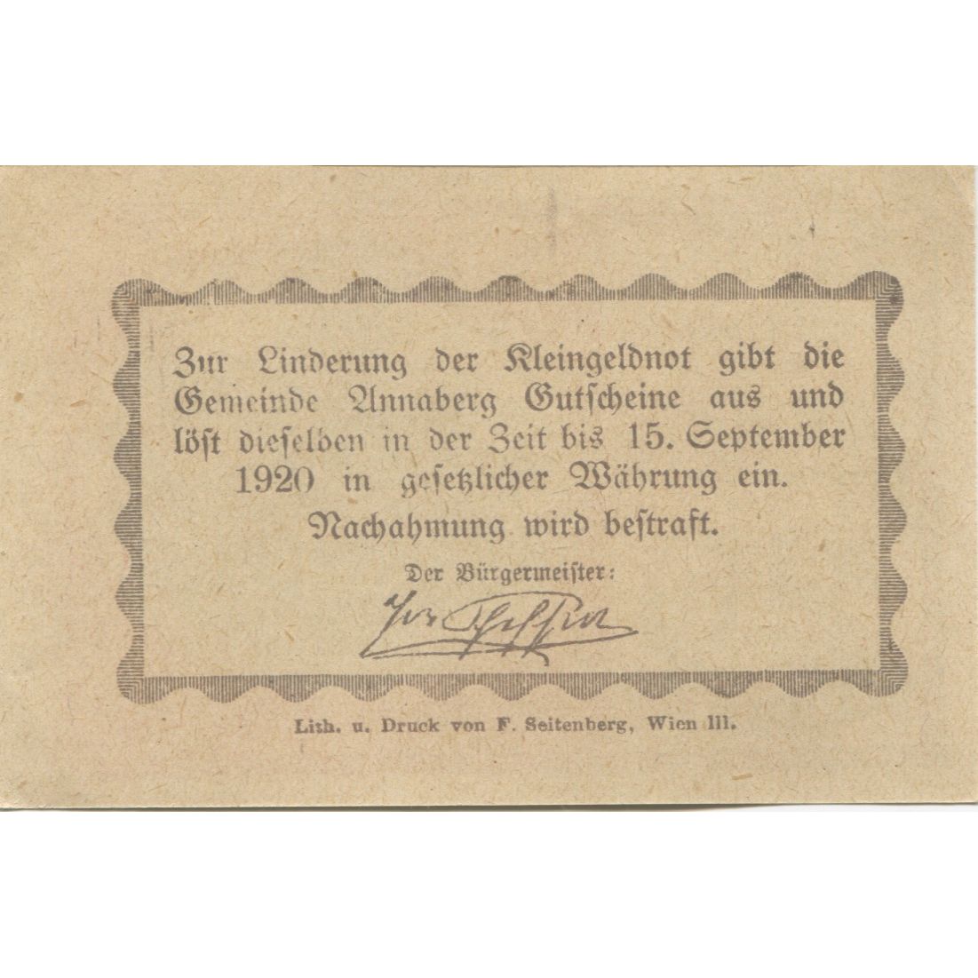 Banknote, Austria, Annaberg, 20 Heller, village, 1920 UNC(63) Mehl:FS 44a