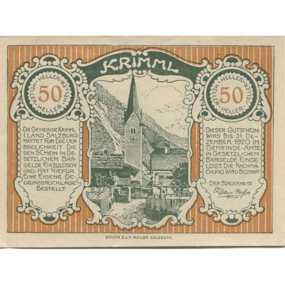 Banknote, Austria, Krimml, 50 Heller, Eglise 1920-12-31, UNC(63), Mehl:FS 483a
