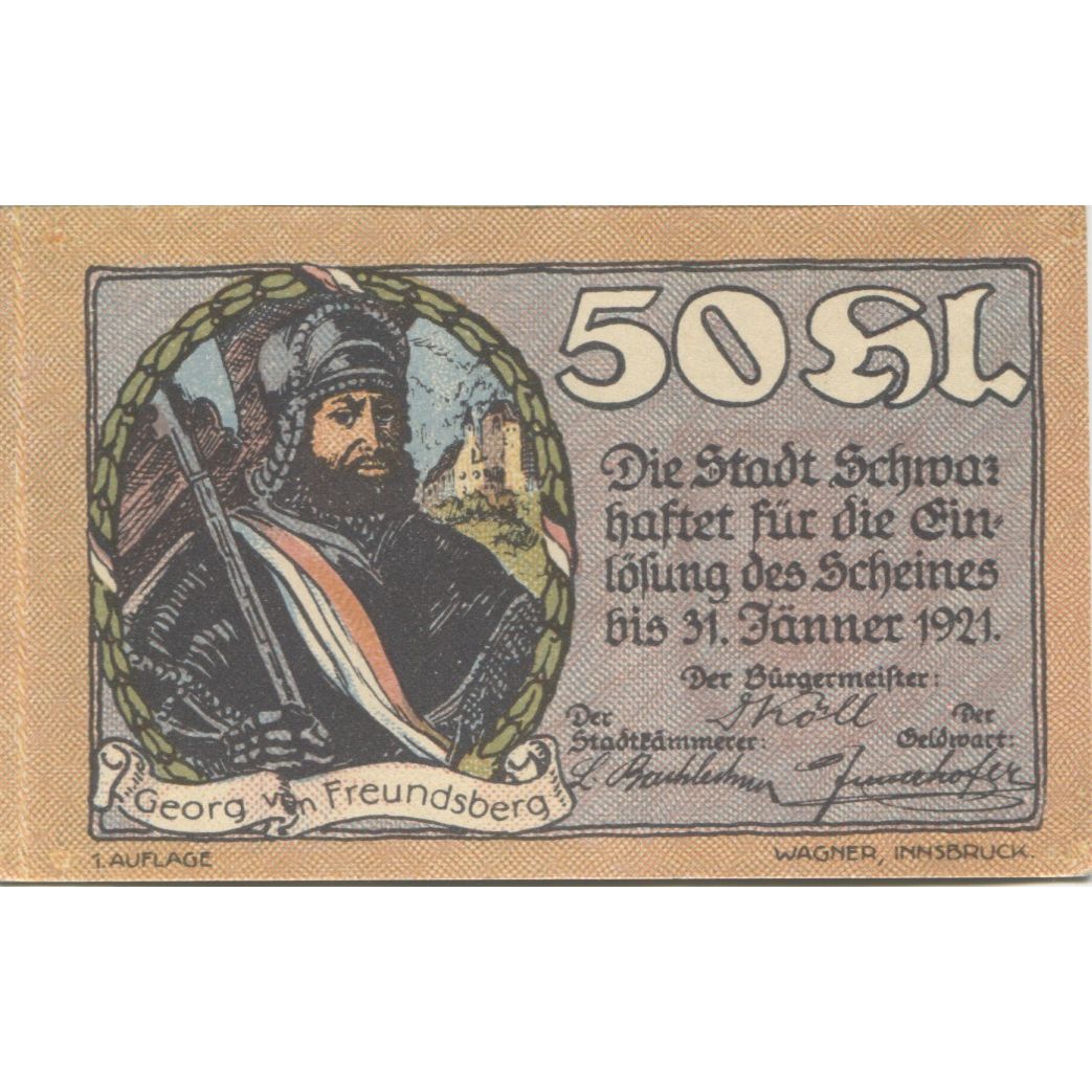 Banknote, Austria, Schwaz, 50 Heller, Monument, 1920 UNC(63) Mehl:FS 983a
