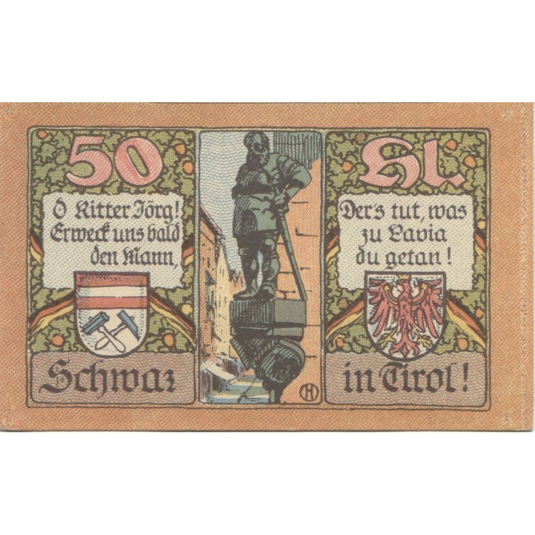 Banknote, Austria, Schwaz, 50 Heller, Monument, 1920 UNC(63) Mehl:FS 983a