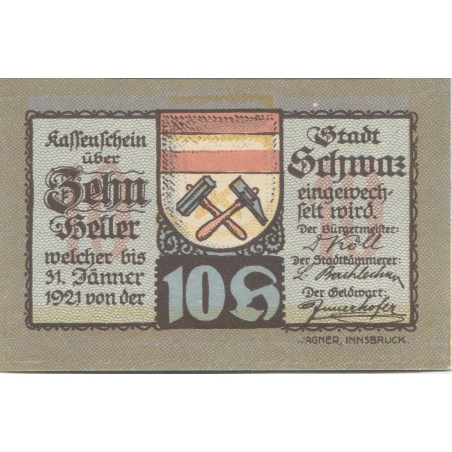 Banknote, Austria, Schwaz, 10 Heller, Blason, 1920 UNC(63), Mehl:FS 983a