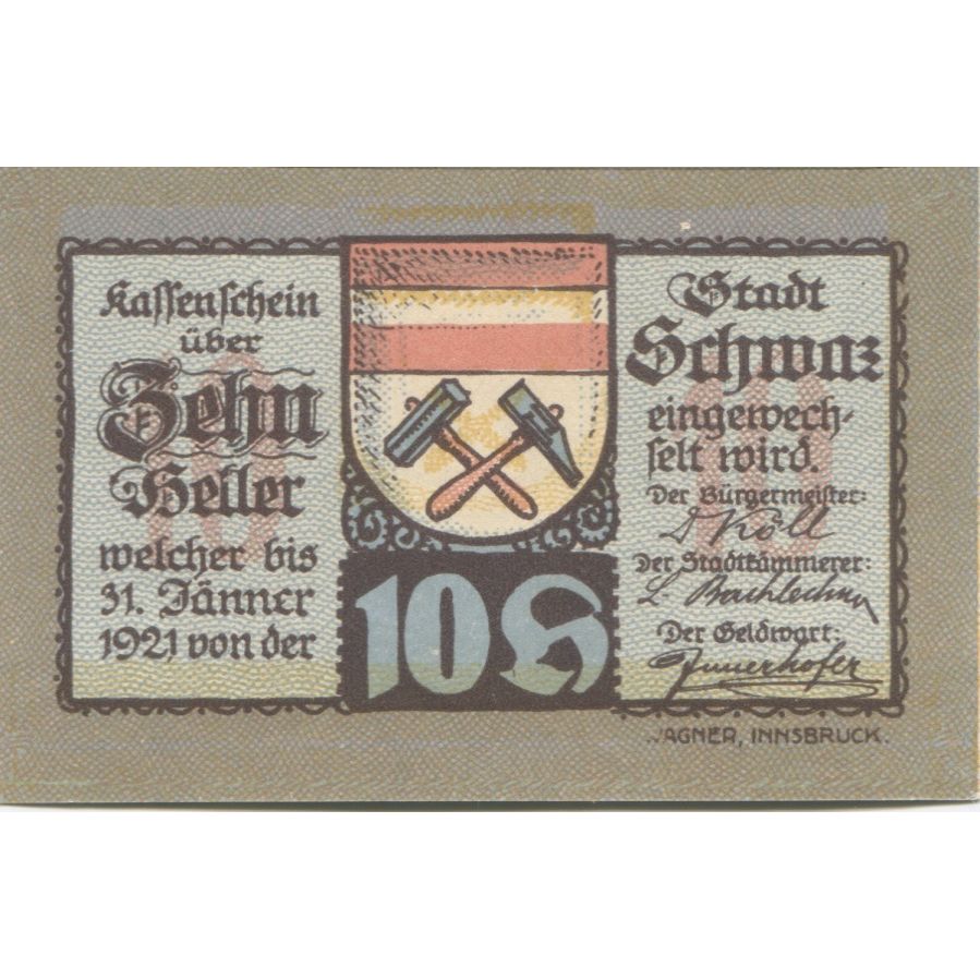 Banknote, Austria, Schwaz, 10 Heller, Blason, 1920 UNC(63), Mehl:FS 983a