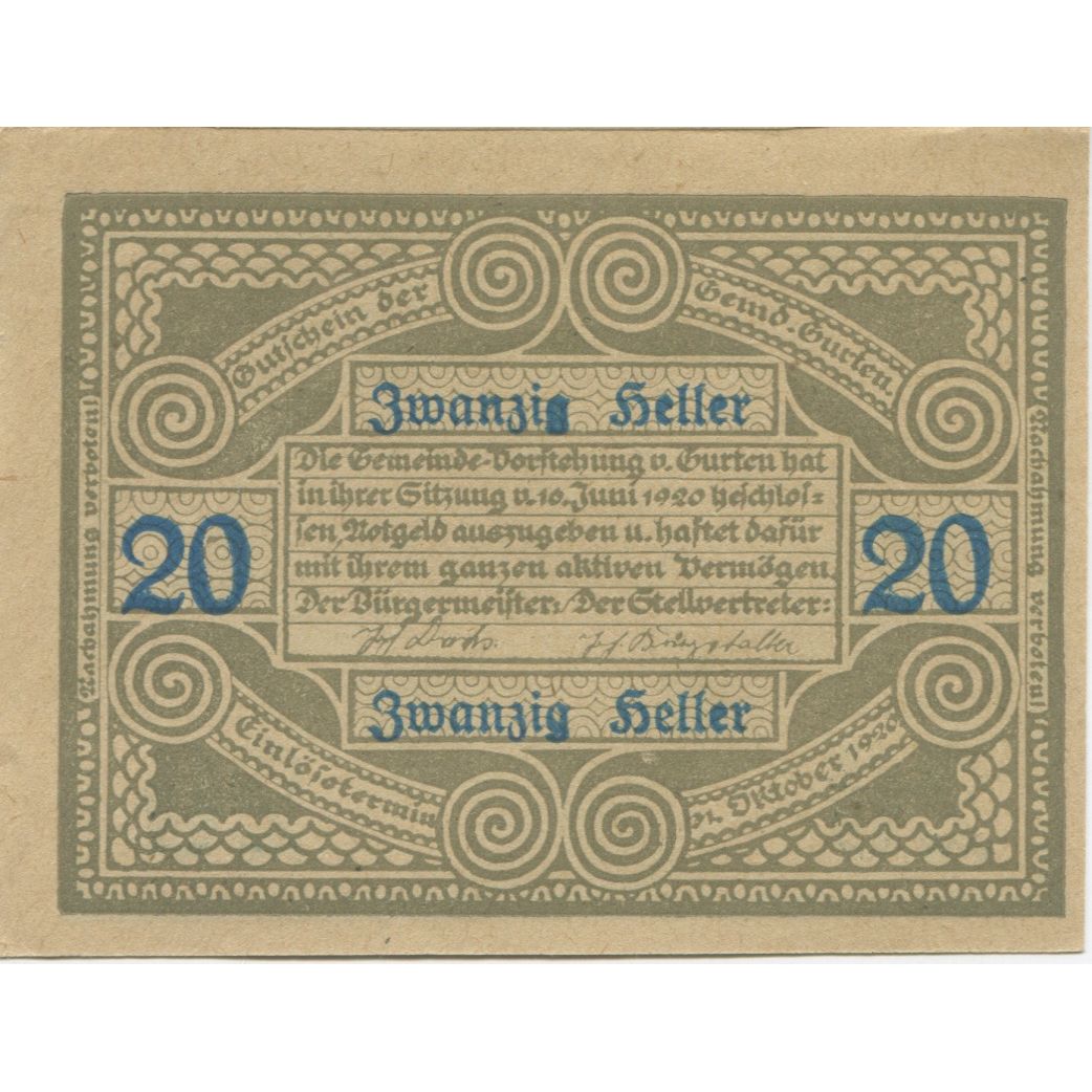 Banknote, Austria, Gurten, 20 Heller, personnage, 1920 UNC(63) Mehl:FS 312c