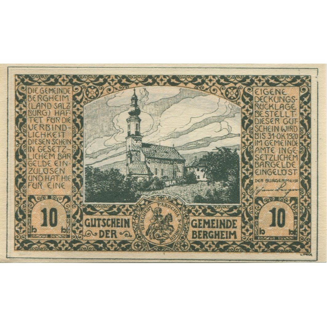 Banknote, Austria, Bergheim, 10 Heller, château, 1920 UNC(63) Mehl:FS 82Ia