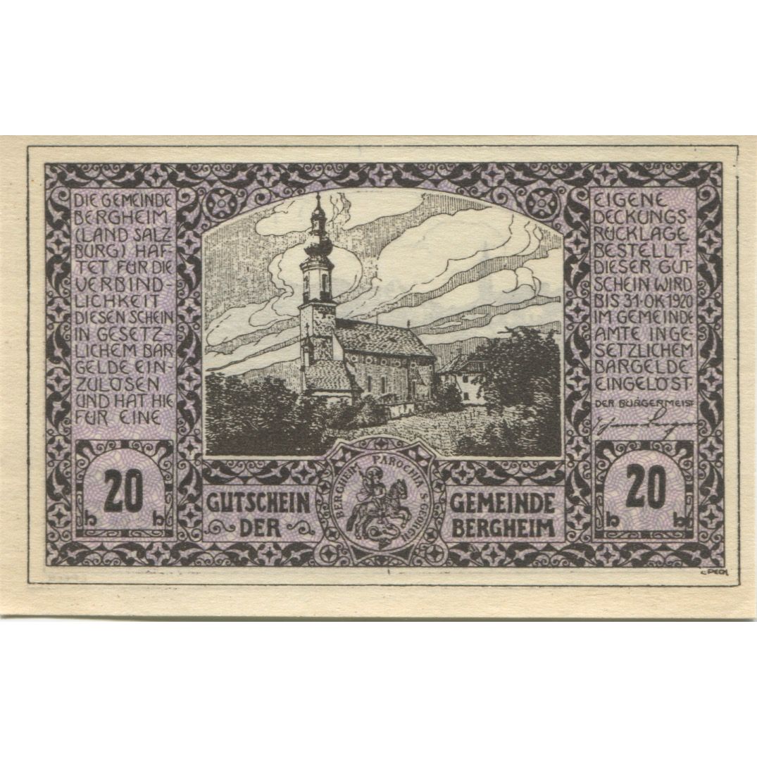 Banknote, Austria, Bergheim, 20 Heller, Eglise 1920-10-31, UNC(63) Mehl:FS 82Ia