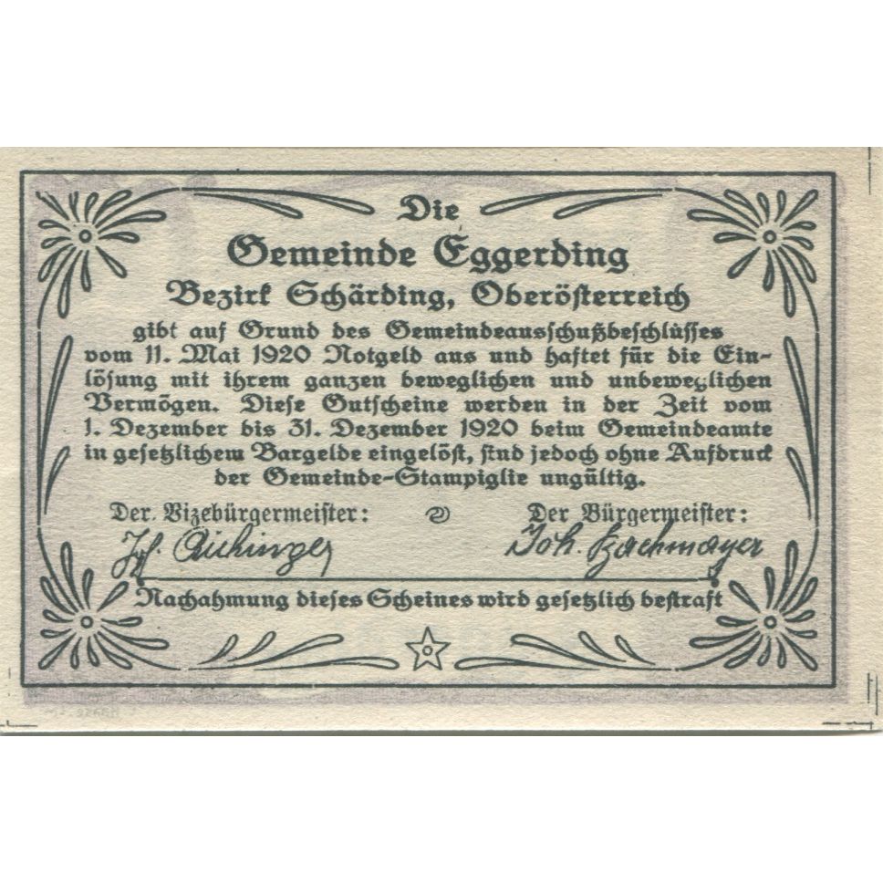 Nota, Áustria, Eggerding, 20 Heller, Eglise 1920-12-31, UNC(63), Mehl:FS 166a