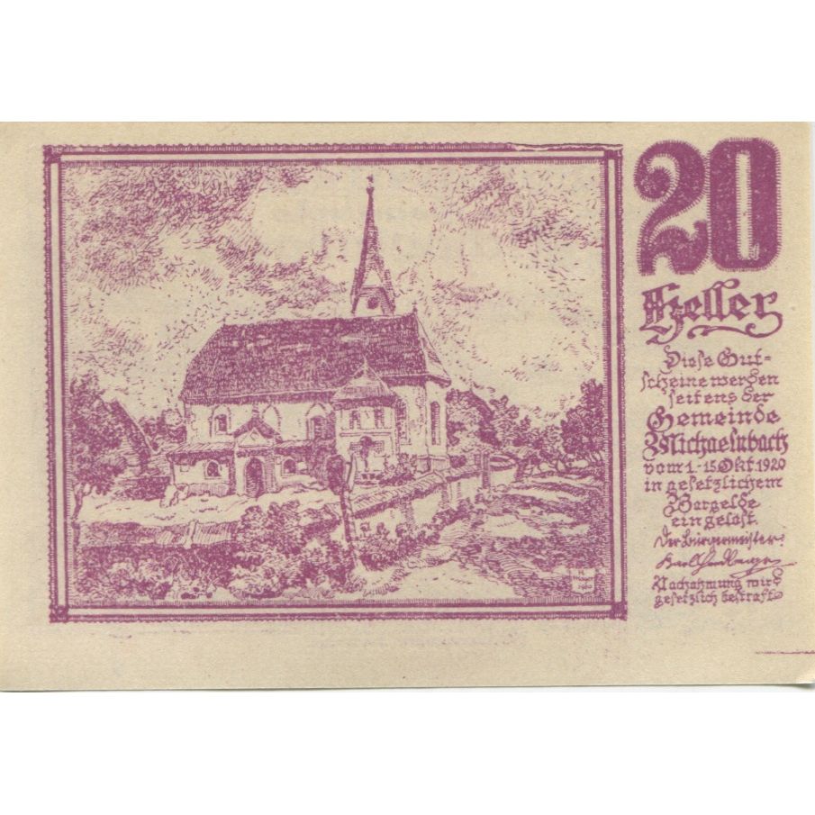 Banknote, Austria, Michaelnbach, 20 Heller, Eglise, 1920 UNC(63) Mehl:FS 611
