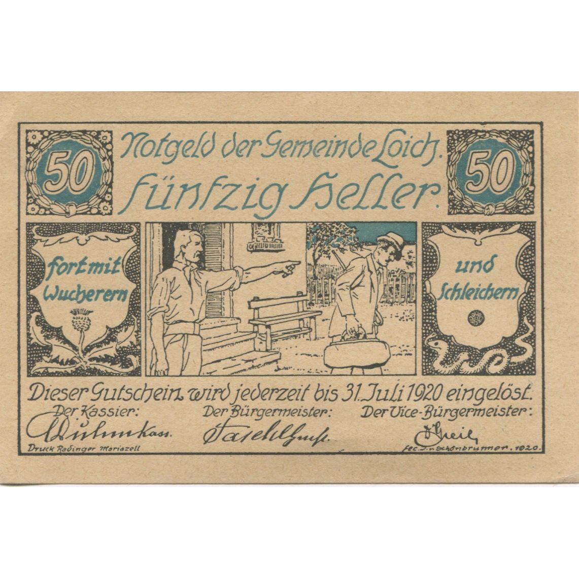 Banknote, Austria, LOICH, 50 Heller, personnage 1920-07-31, UNC(63) Mehl:FS 562