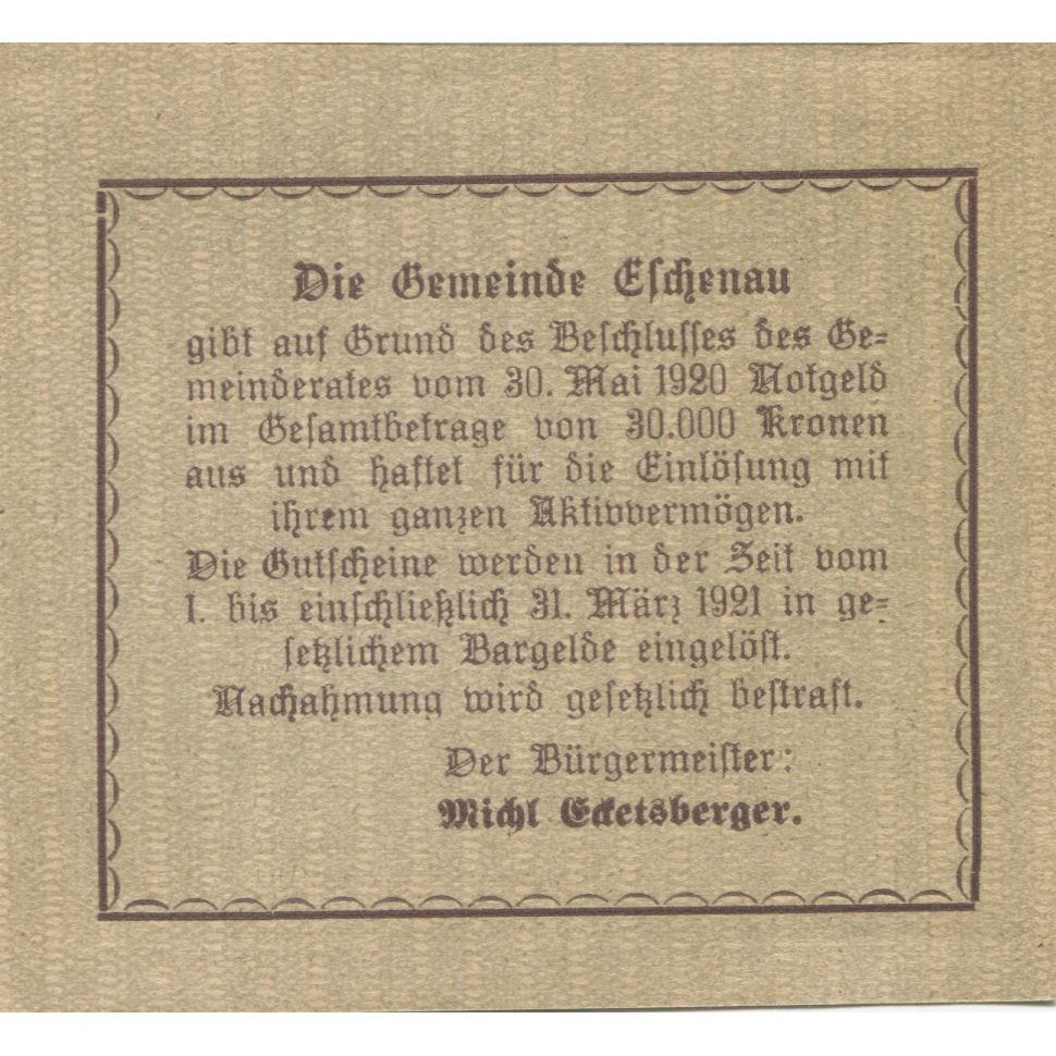 Banknote, Austria, Eschenau, 20 Heller, champs, 1921 UNC(63) Mehl:FS 187a