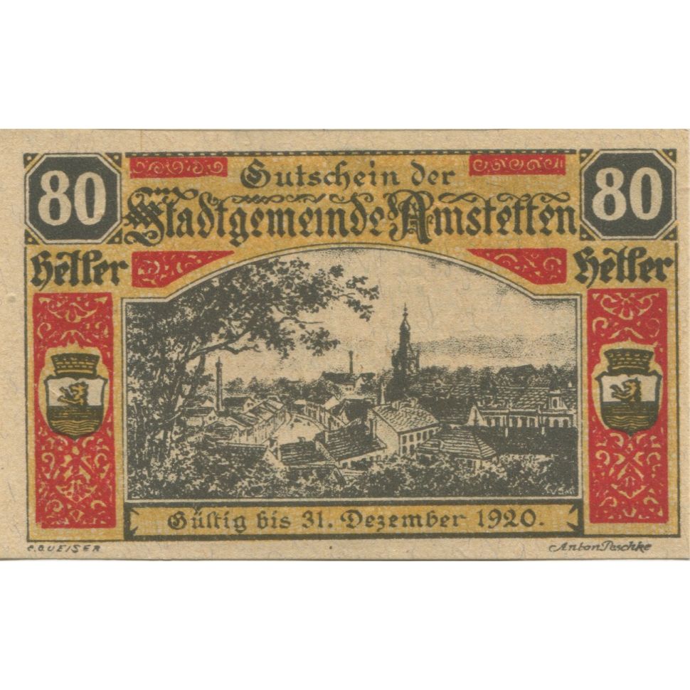 Geldschein, Österreich, Amstetten, 80 Heller, paysage 1920 UNZ- Mehl:FS 37II