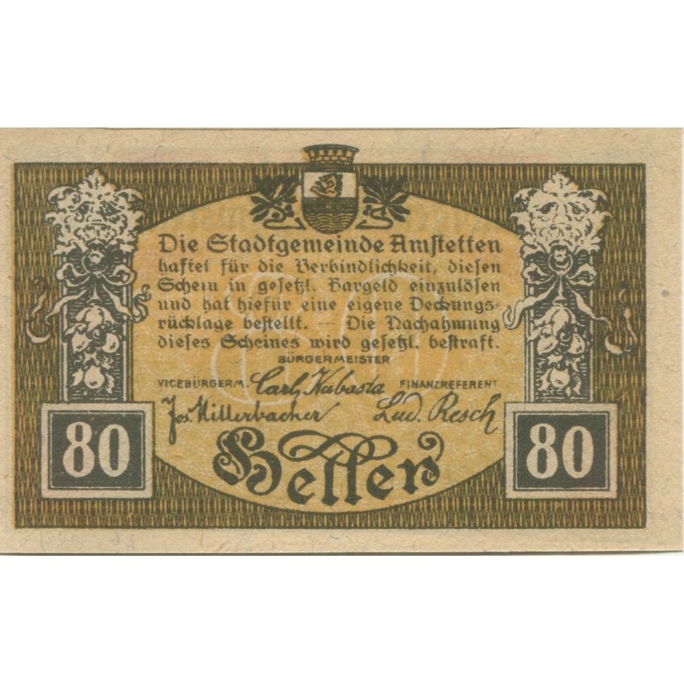 Geldschein, Österreich, Amstetten, 80 Heller, paysage 1920 UNZ- Mehl:FS 37II