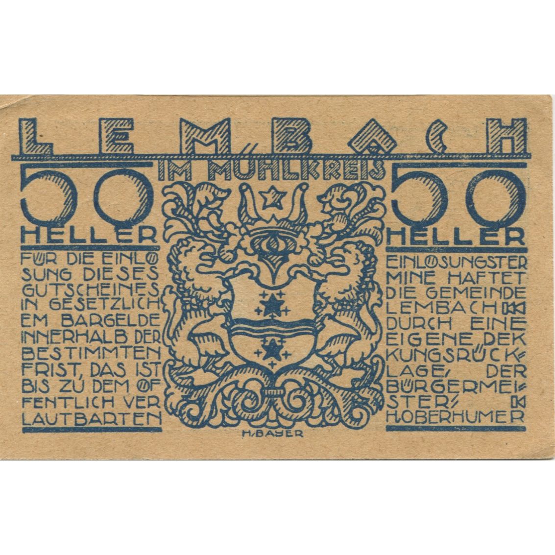 Banknote, Austria, Lembach, 50 Heller, village, 1920, UNC(63), Mehl:FS 510b