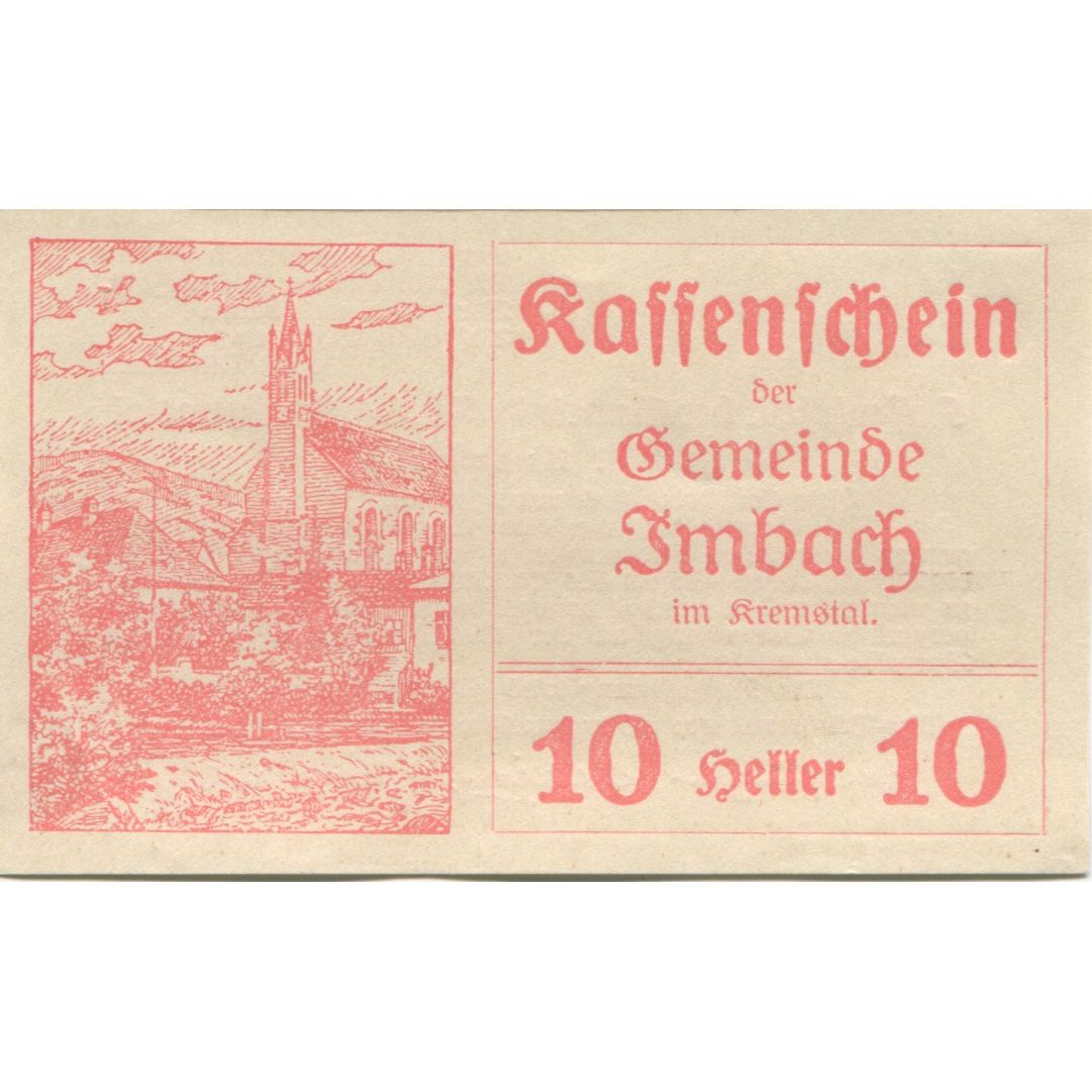 Billet, Autriche, Imbach, 10 Heller, Eglise 1920-12-31, SPL, Mehl:FS 404II