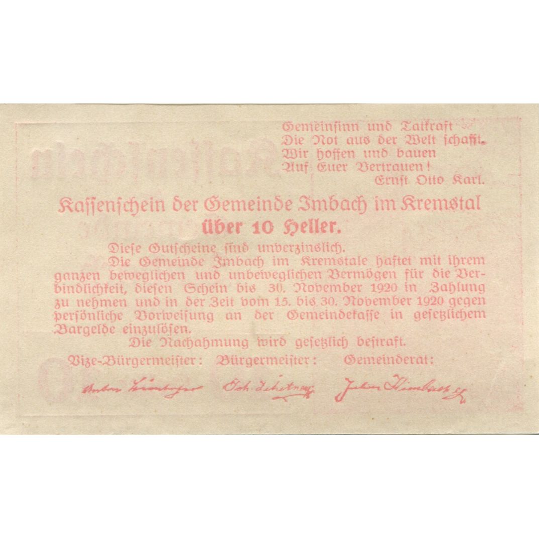 Billet, Autriche, Imbach, 10 Heller, Eglise 1920-12-31, SPL, Mehl:FS 404II