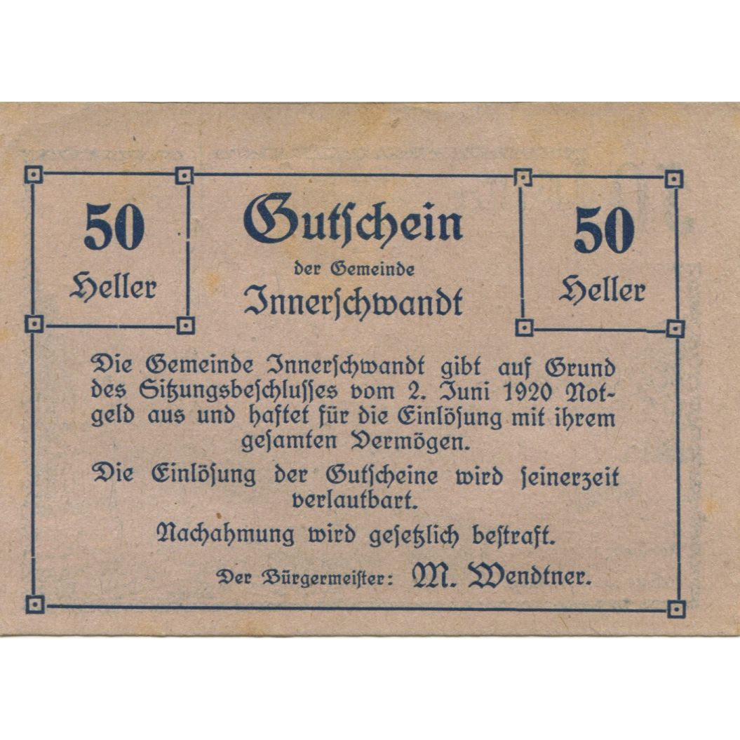 Billet, Autriche, Innerchwandt, 50 Heller, fleuve, 1920, SUP, Mehl:FS 408