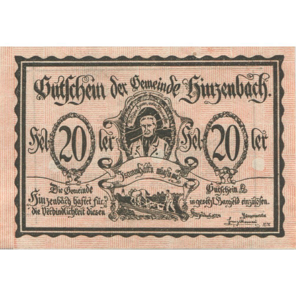 Billet, Autriche, Hinzenbach, 20 Heller, portrait 1920-05-25, SPL Mehl:FS 378IIa