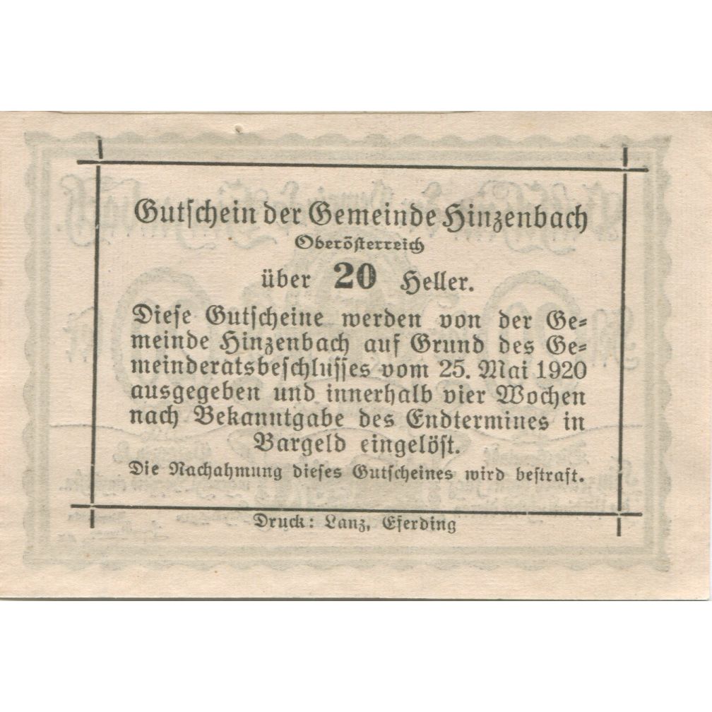 Billet, Autriche, Hinzenbach, 20 Heller, portrait 1920-05-25, SPL Mehl:FS 378IIa