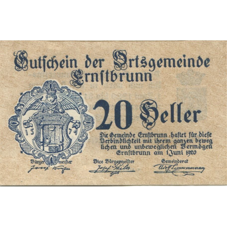 Billet, Autriche, Ernstbrunn, 20 Heller, Blason 1921-01-31, SPL, Mehl:FS 183a