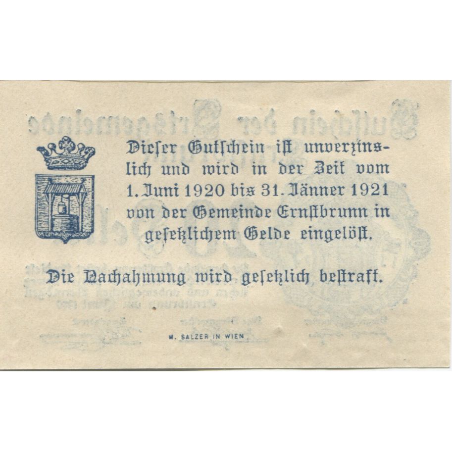 Billet, Autriche, Ernstbrunn, 20 Heller, Blason 1921-01-31, SPL, Mehl:FS 183a