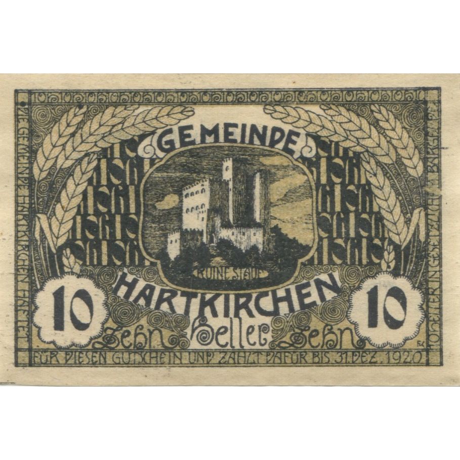 Billet, Autriche, Hartkirchen, 10 Heller, château, 1920 SPL Mehl:FS 353I