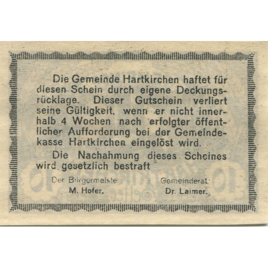 Billet, Autriche, Hartkirchen, 10 Heller, château, 1920 SPL Mehl:FS 353I