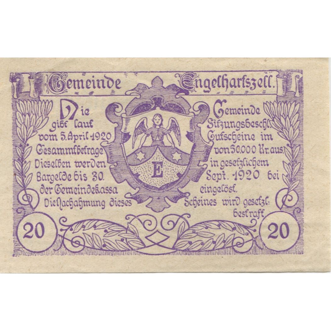 Billet, Autriche, Engelhartszell, 20 Heller, Blason 1920-09-30, SPL Mehl:FS 172a