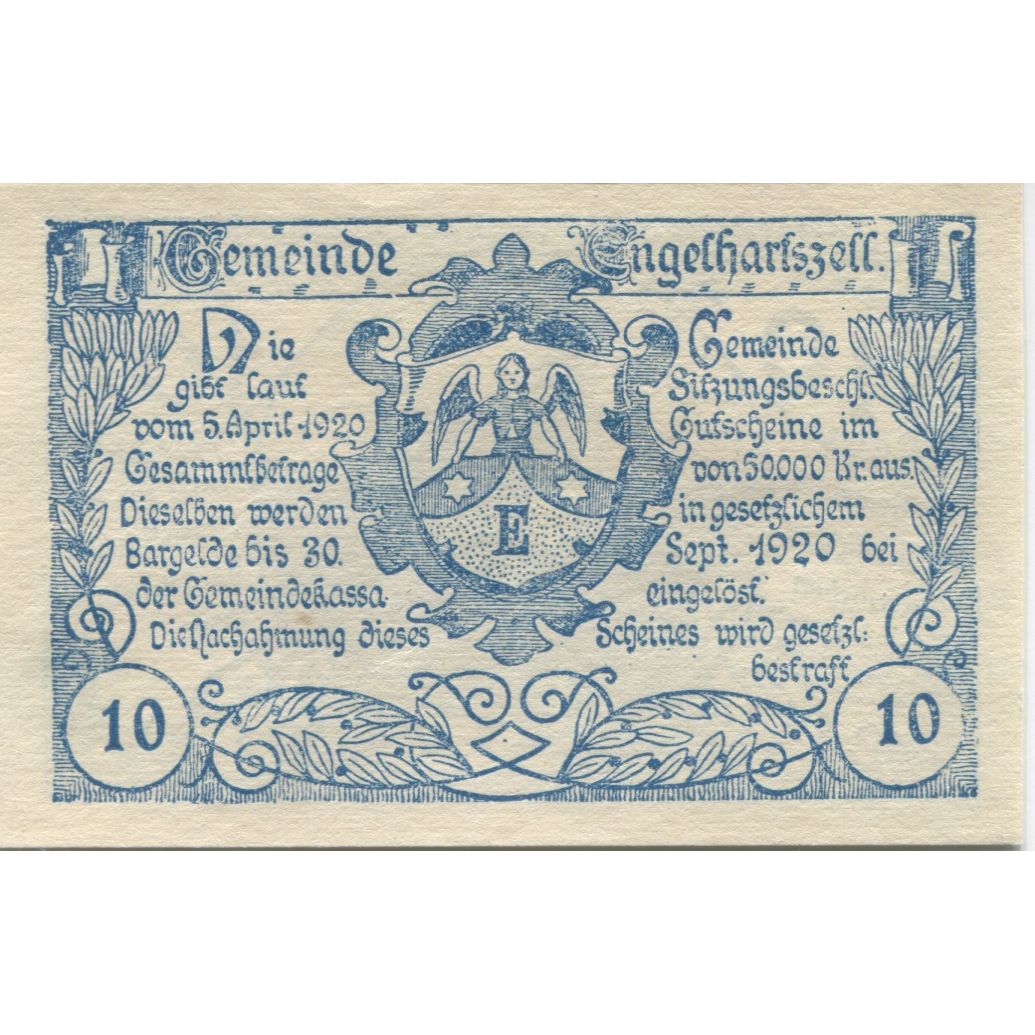 Billet, Autriche, Engelhartszell, 10 Heller, Eglise 1920-09-30, SPL Mehl:FS 172a