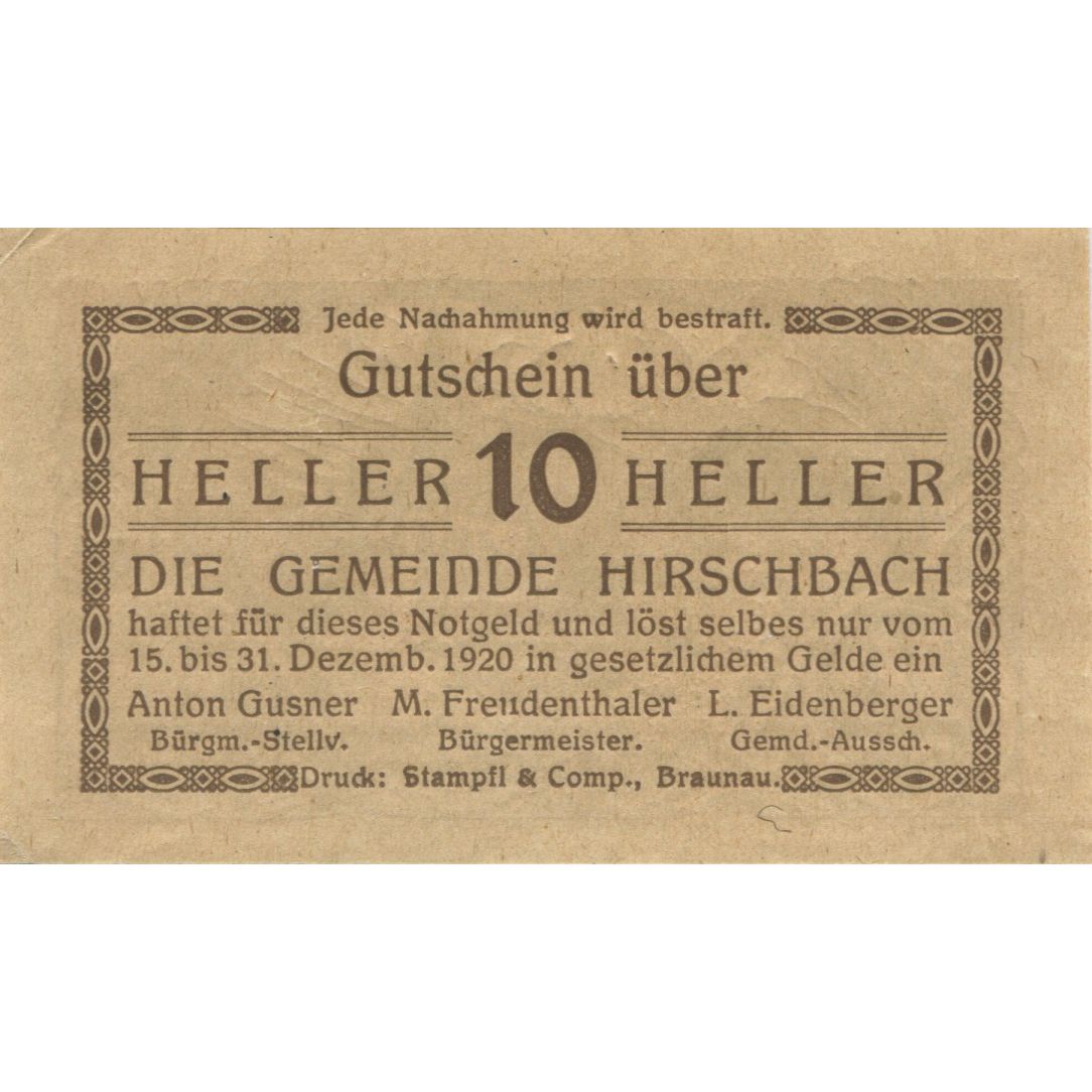 Banknote, Austria, Hirschbach, 10 Heller, Eglise, 1920 UNC(63) Mehl:FS 379