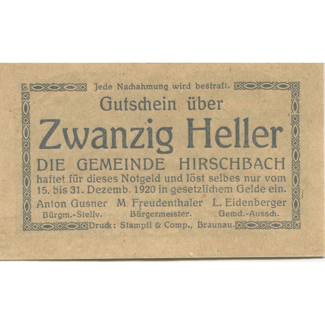 Banknote, Austria, Hirschbach, 20 Heller, chalet, 1920 UNC(63) Mehl:FS 379