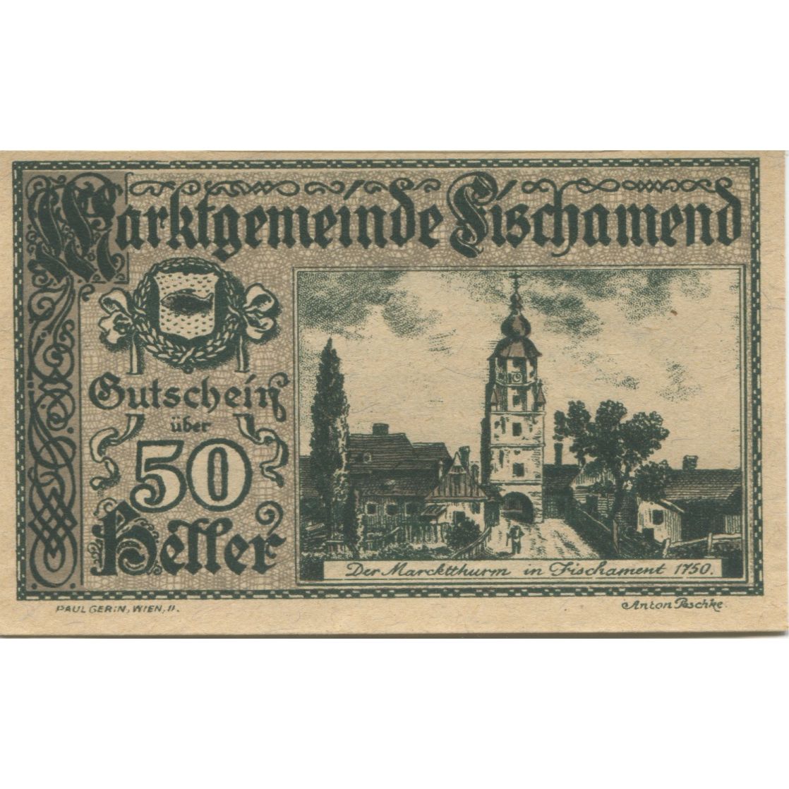 Biljet, Oostenrijk, Fischamend, 50 Heller, château 1920-06-25, SPL Mehl:FS 202