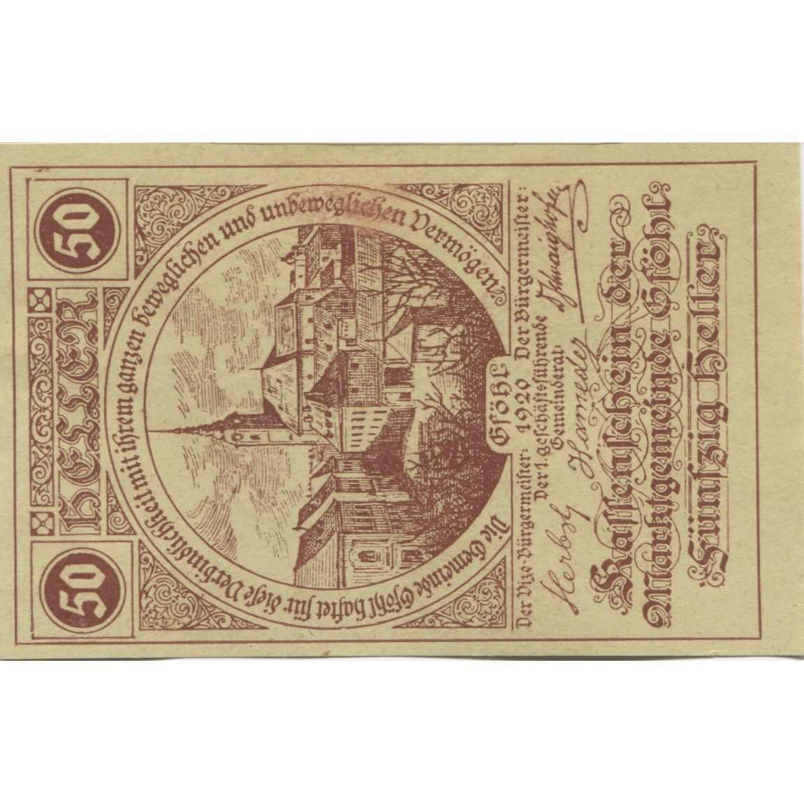 Billet, Autriche, Gföhl, 50 Heller, village, 1921, 1921-05-31, SPL, Mehl:FS 234
