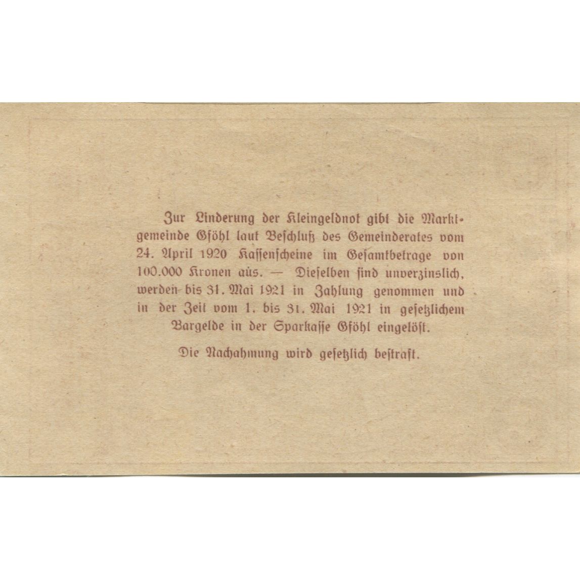 Billet, Autriche, Gföhl, 50 Heller, village, 1921, 1921-05-31, SPL, Mehl:FS 234