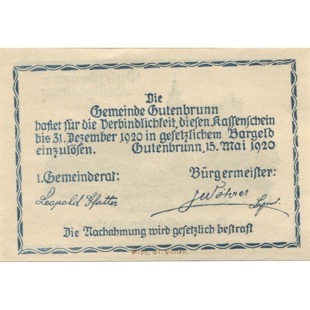 Geldschein, Österreich, Gutenbrunn, 10 Heller, château 1, 1920 UNZ- Mehl:FS 316