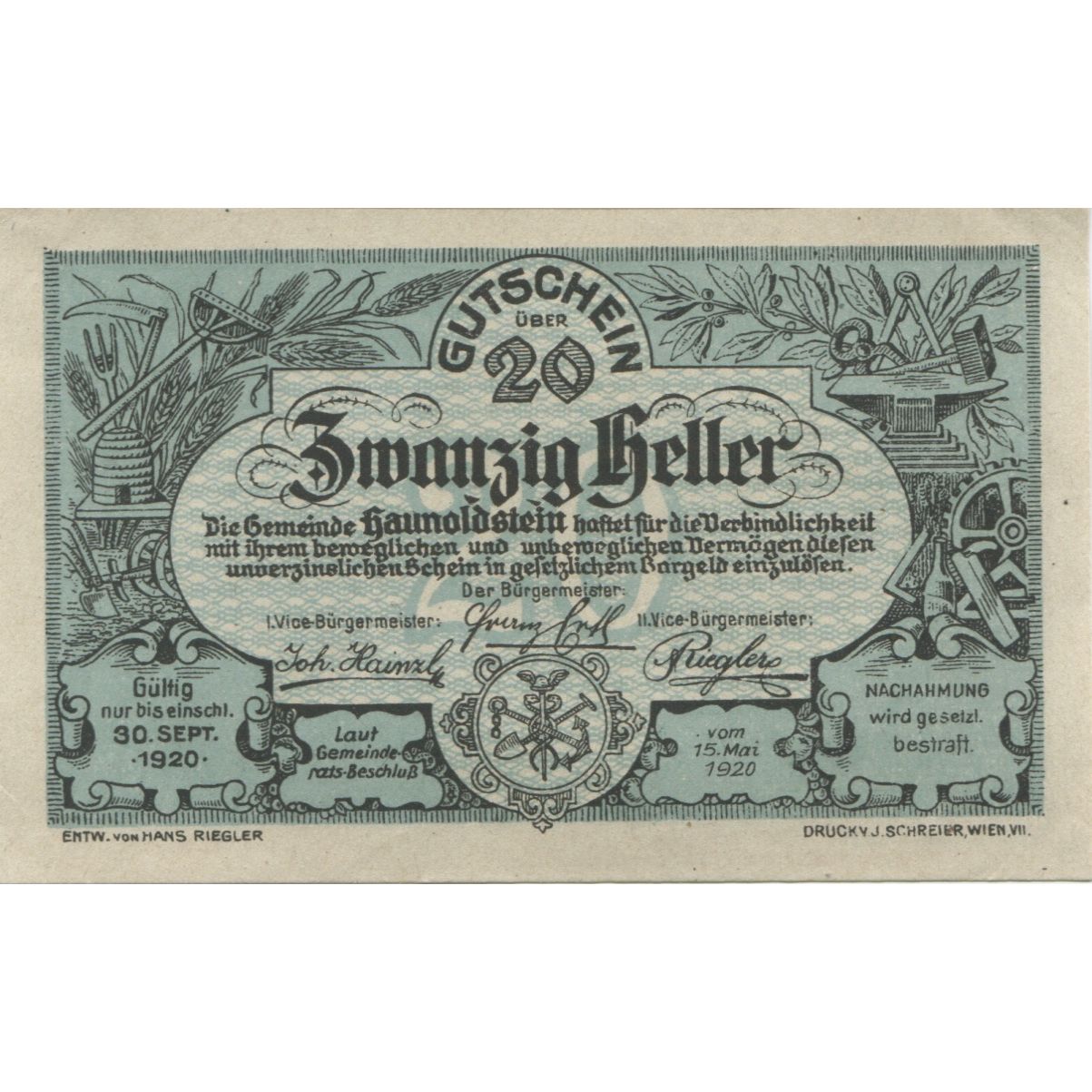 Banknote, Austria, Haunoldstein, 20 Heller, château, 1920 UNC(63) Mehl:FS 356