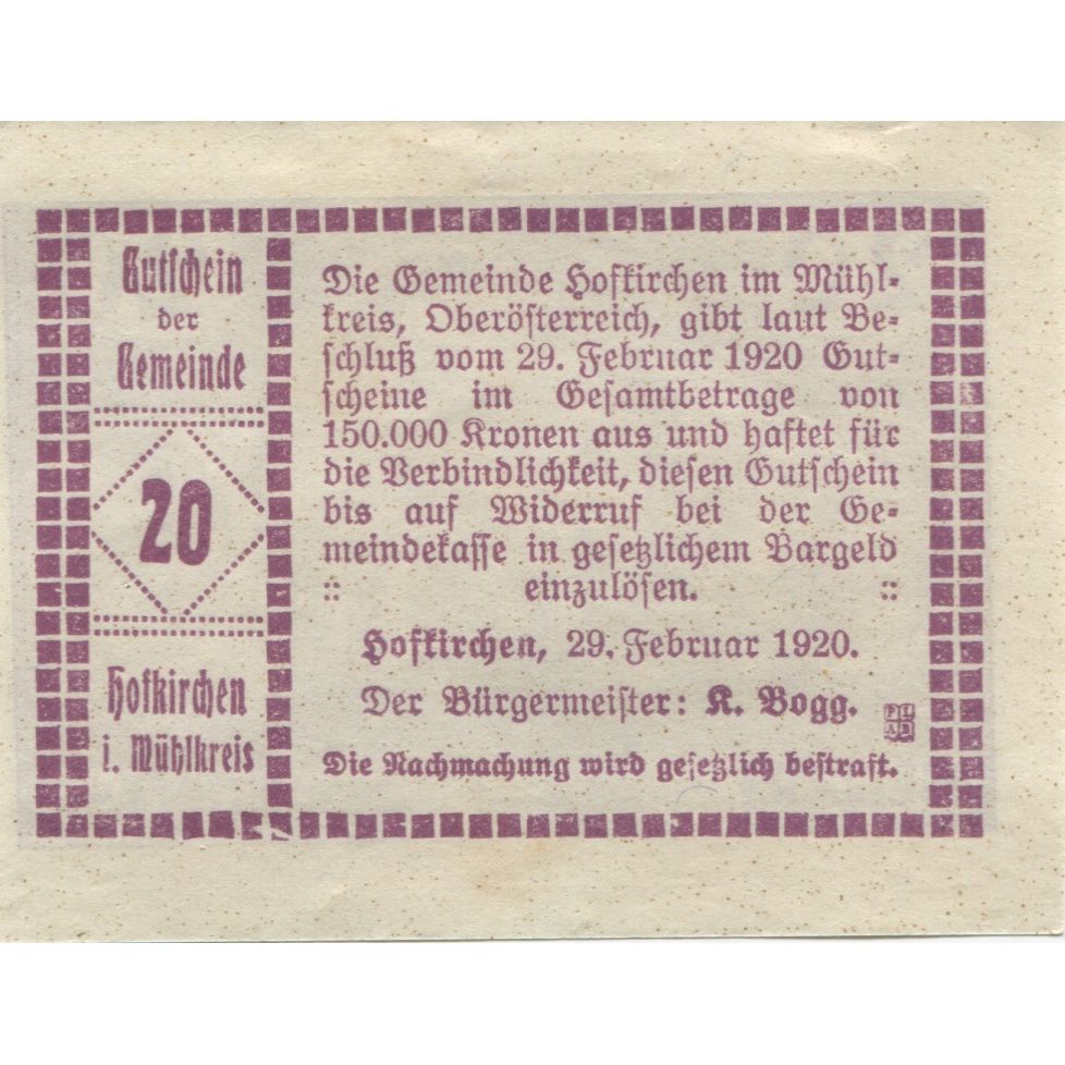Biljet, Oostenrijk, Hofkirchen, 20 Heller, Eglise, 1920, SPL, Mehl:FS 386