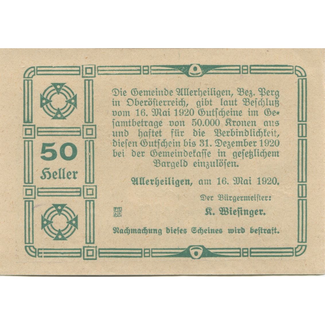 Banknote, Austria, Allerheiligen, 50 Heller, Eglise, 1920 UNC(63) Mehl:FS 21b