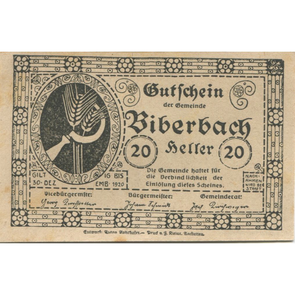 Billet, Autriche, Biberbach, 20 Heller, épis 1920-12-30, SUP Mehl:FS 86IIc