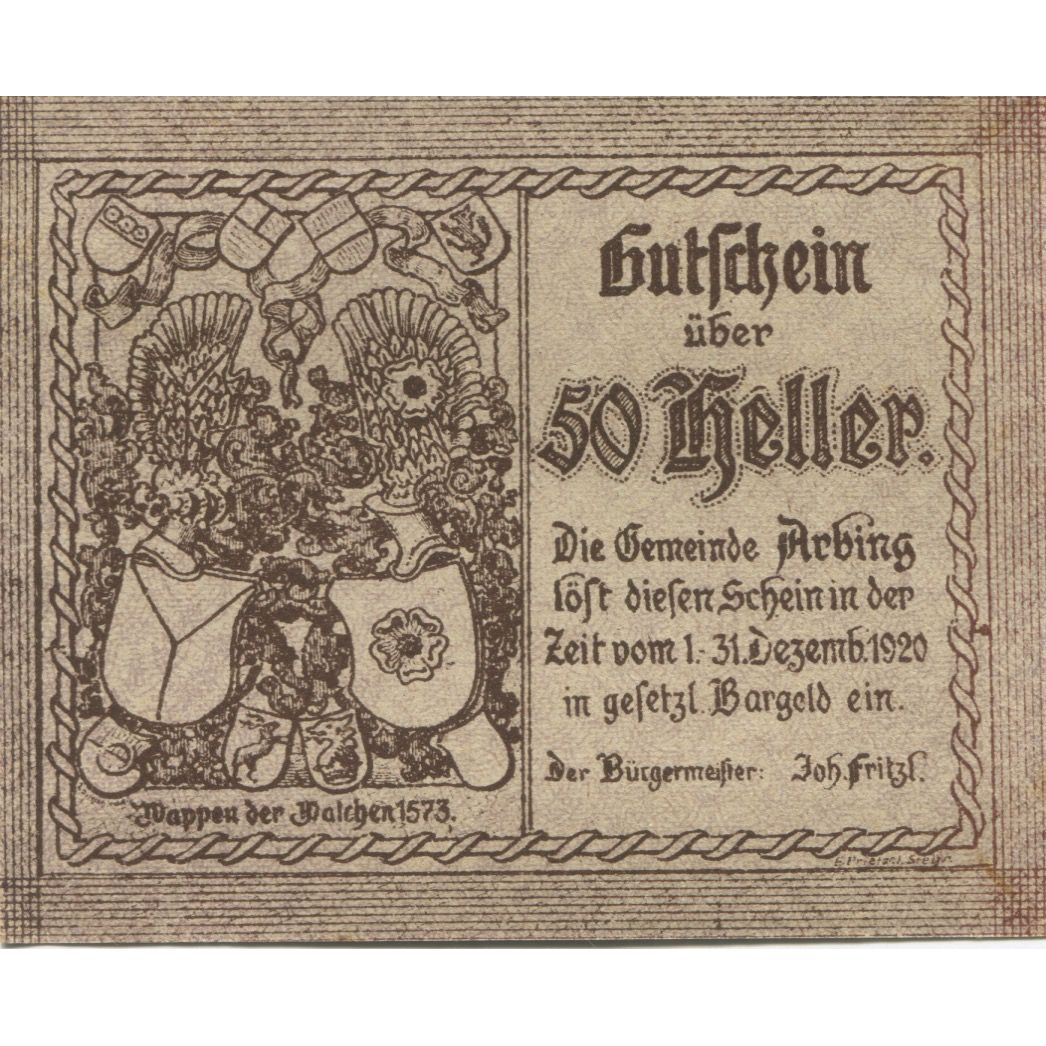 Billet, Autriche, Arbing, 50 Heller, château 1920-12-31, SPL, Mehl:FS 49a