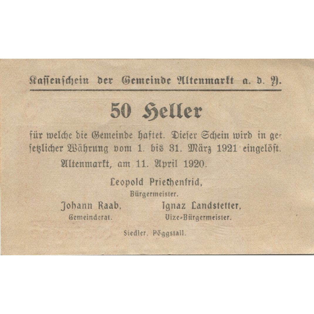 Billet, Autriche, Altenmarkt, 50 Heller, Eglise 1921-03-31, SPL, Mehl:FS 30