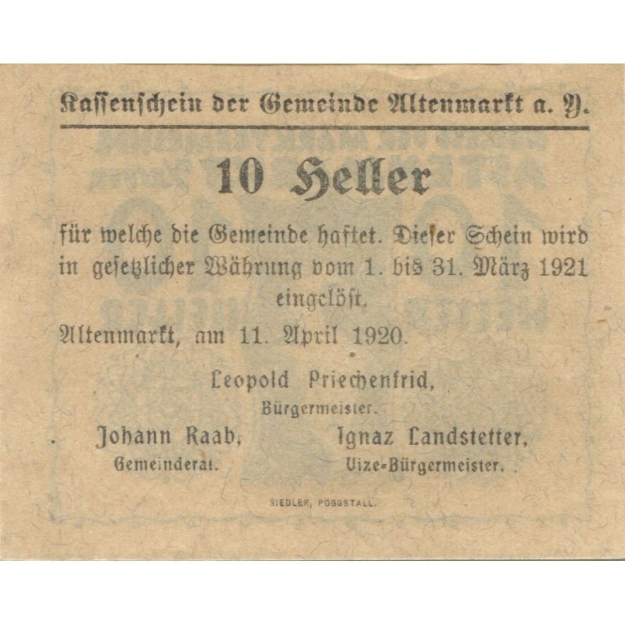 Banknote, Austria, Altenmarkt, 10 Heller, montagne, 1921 UNC(63) Mehl:FS 30
